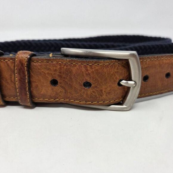 TORINO BROWN LEATHER NAVY BLUE COTTON WOVEN SILVER BUCKLE MENS BELT SIZE 44 - Picture 2 of 5